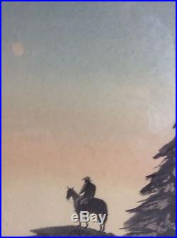 Vintage Watercolor Painting Signed Taylor Blakely Cowboy On Horse Full Moon