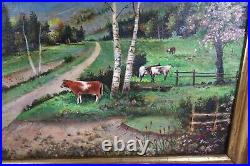 Vintage White Mountain Landscape Oil Painting Pastoral Cow Farm Scene Signed