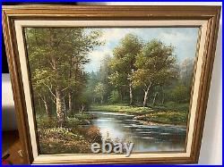 Vintage Wilderness River Forest Framed And Signed Painting On Canvas By J. Bell