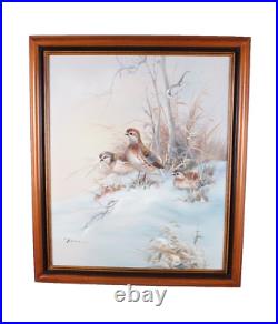 Vintage Winter Scene Snow And Birds Oil Painting On Canvas Signed Bruce