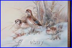 Vintage Winter Scene Snow And Birds Oil Painting On Canvas Signed Bruce