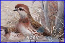 Vintage Winter Scene Snow And Birds Oil Painting On Canvas Signed Bruce