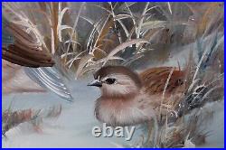 Vintage Winter Scene Snow And Birds Oil Painting On Canvas Signed Bruce
