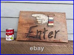 Vintage Wooden Enter Sign Pointing Finger Hand Painted Carnival Art Unique Rare
