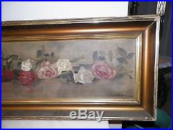 Vintage Yard Long Oil Painting Red Pink & White Roses Framed & Signed Dated 1912