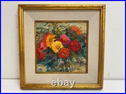 Vintage Zinnias Bouquet Painting on Canvas Signed Lyn Bohon Framed