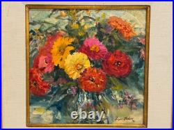 Vintage Zinnias Bouquet Painting on Canvas Signed Lyn Bohon Framed