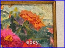 Vintage Zinnias Bouquet Painting on Canvas Signed Lyn Bohon Framed