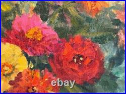 Vintage Zinnias Bouquet Painting on Canvas Signed Lyn Bohon Framed