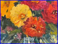 Vintage Zinnias Bouquet Painting on Canvas Signed Lyn Bohon Framed