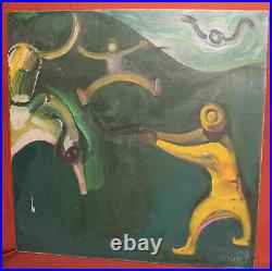 Vintage abstract surrealist oil painting figures signed