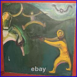 Vintage abstract surrealist oil painting figures signed