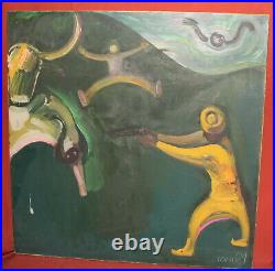 Vintage abstract surrealist oil painting figures signed