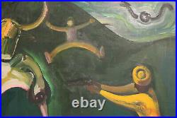 Vintage abstract surrealist oil painting figures signed