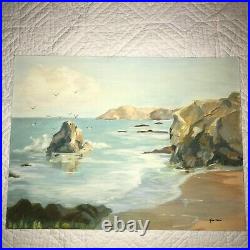 Vintage beach seascape coast ocean hand painted oil original PAINTING by Pauls