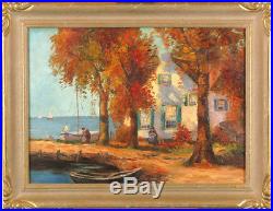 Vintage c. 1930's Oil/Canvas Waterfront Landscape / Genre Scene Illegibly Signed