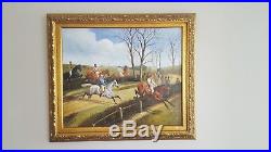 Vintage equestrian hunt scene horses english country gilt framed painting signed