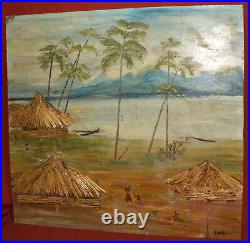 Vintage expressionist collage oil painting of a village with huts