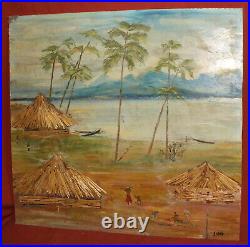 Vintage expressionist collage oil painting of a village with huts