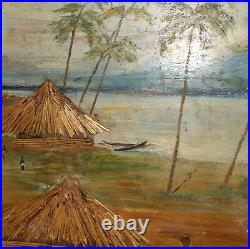 Vintage expressionist collage oil painting of a village with huts