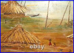 Vintage expressionist collage oil painting of a village with huts