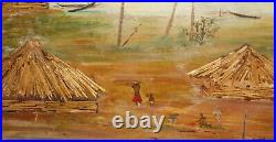 Vintage expressionist collage oil painting of a village with huts