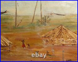 Vintage expressionist collage oil painting of a village with huts