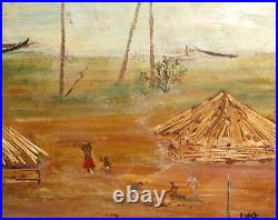 Vintage expressionist collage oil painting of a village with huts