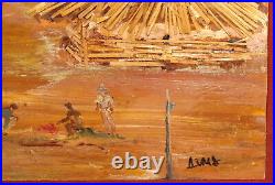 Vintage expressionist collage oil painting of a village with huts