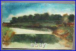 Vintage expressionist landscape watercolor painting signed
