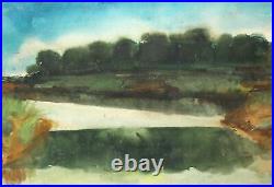 Vintage expressionist landscape watercolor painting signed