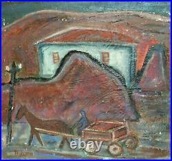 Vintage expressionist oil painting landscape village house signed