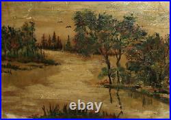 Vintage expressionist oil painting river landscape signed