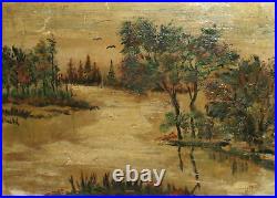 Vintage expressionist oil painting river landscape signed