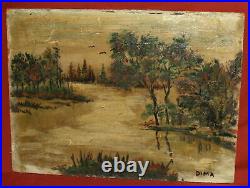 Vintage expressionist oil painting river landscape signed