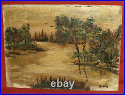 Vintage expressionist oil painting river landscape signed