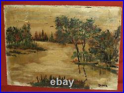 Vintage expressionist oil painting river landscape signed
