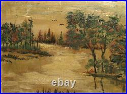 Vintage expressionist oil painting river landscape signed