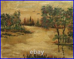 Vintage expressionist oil painting river landscape signed