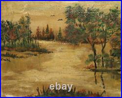 Vintage expressionist oil painting river landscape signed