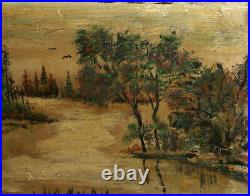 Vintage expressionist oil painting river landscape signed