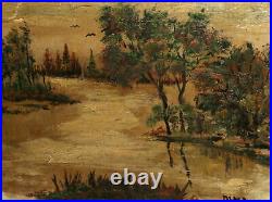 Vintage expressionist oil painting river landscape signed