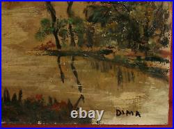 Vintage expressionist oil painting river landscape signed