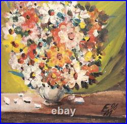 Vintage expressionist oil painting still life with flowers, signed