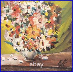 Vintage expressionist oil painting still life with flowers, signed