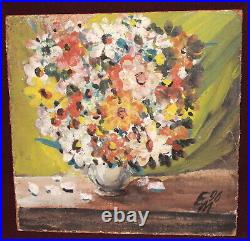 Vintage expressionist oil painting still life with flowers, signed