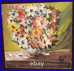 Vintage expressionist oil painting still life with flowers, signed