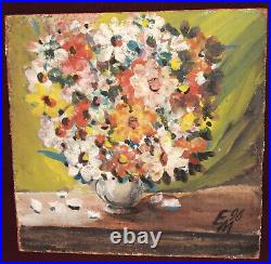 Vintage expressionist oil painting still life with flowers, signed