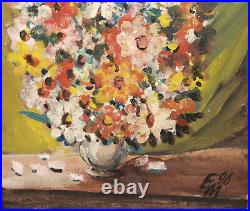 Vintage expressionist oil painting still life with flowers, signed