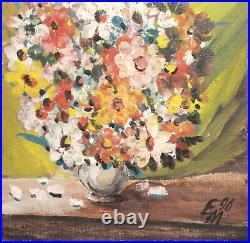 Vintage expressionist oil painting still life with flowers, signed